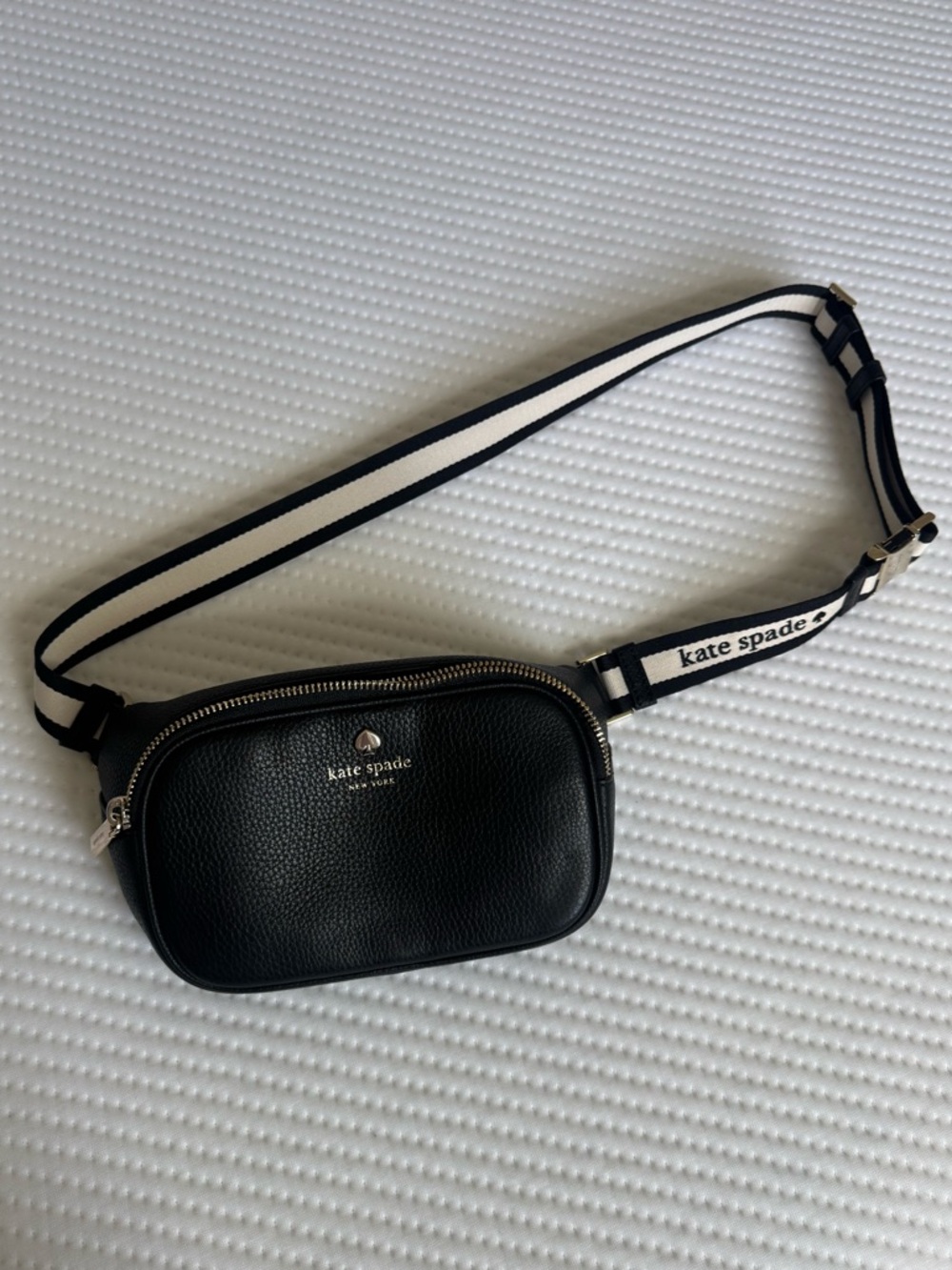 kate spade Black Leather Belt Bag with Striped Strap